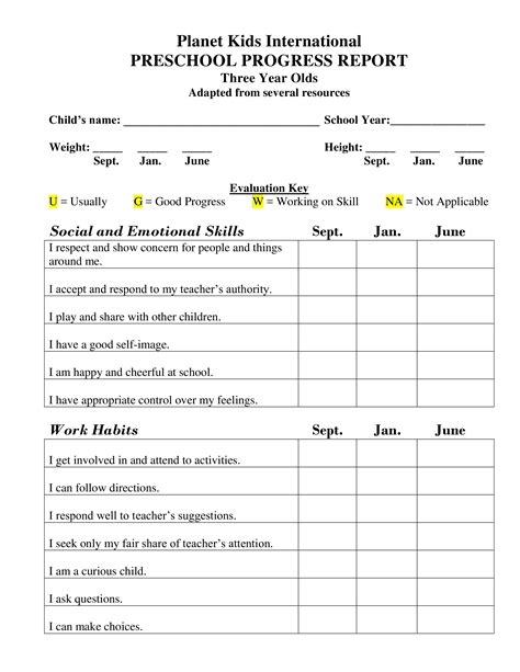 preschool weekly progress report template